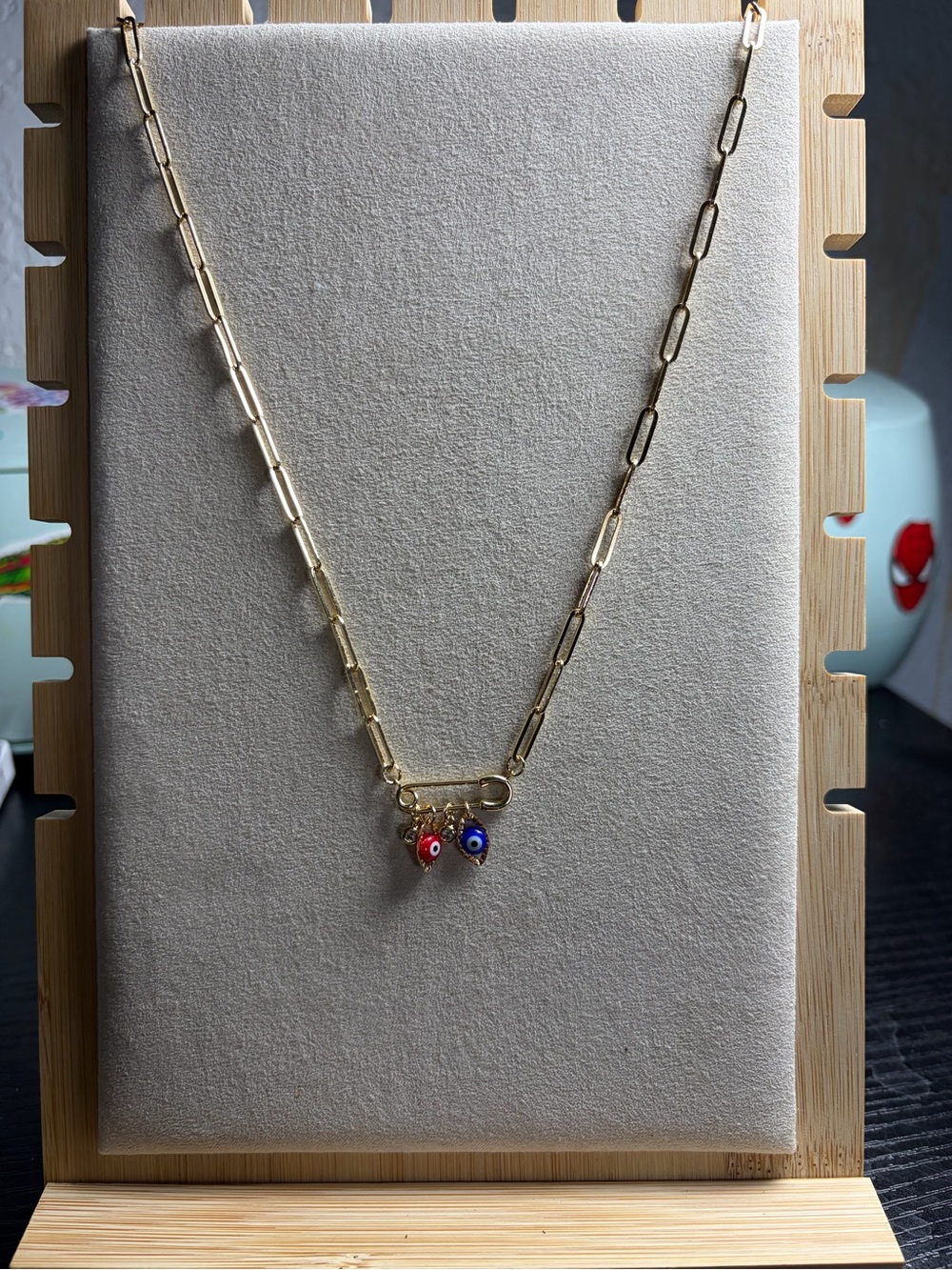 Gold Paperclip Chain Necklace with Red & Blue Charm